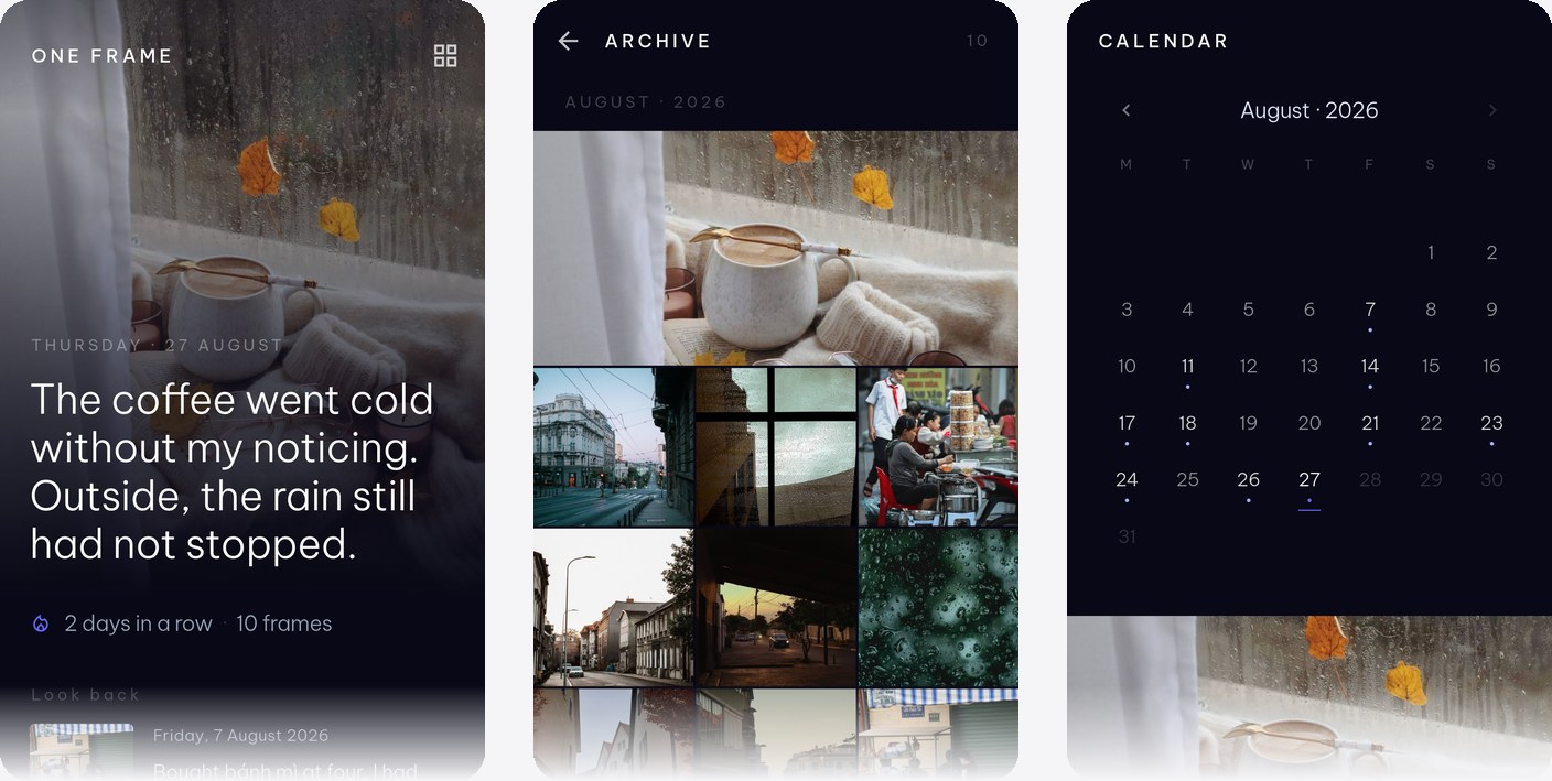 Three One Frame screens on Android: today's frame, the archive, and the calendar